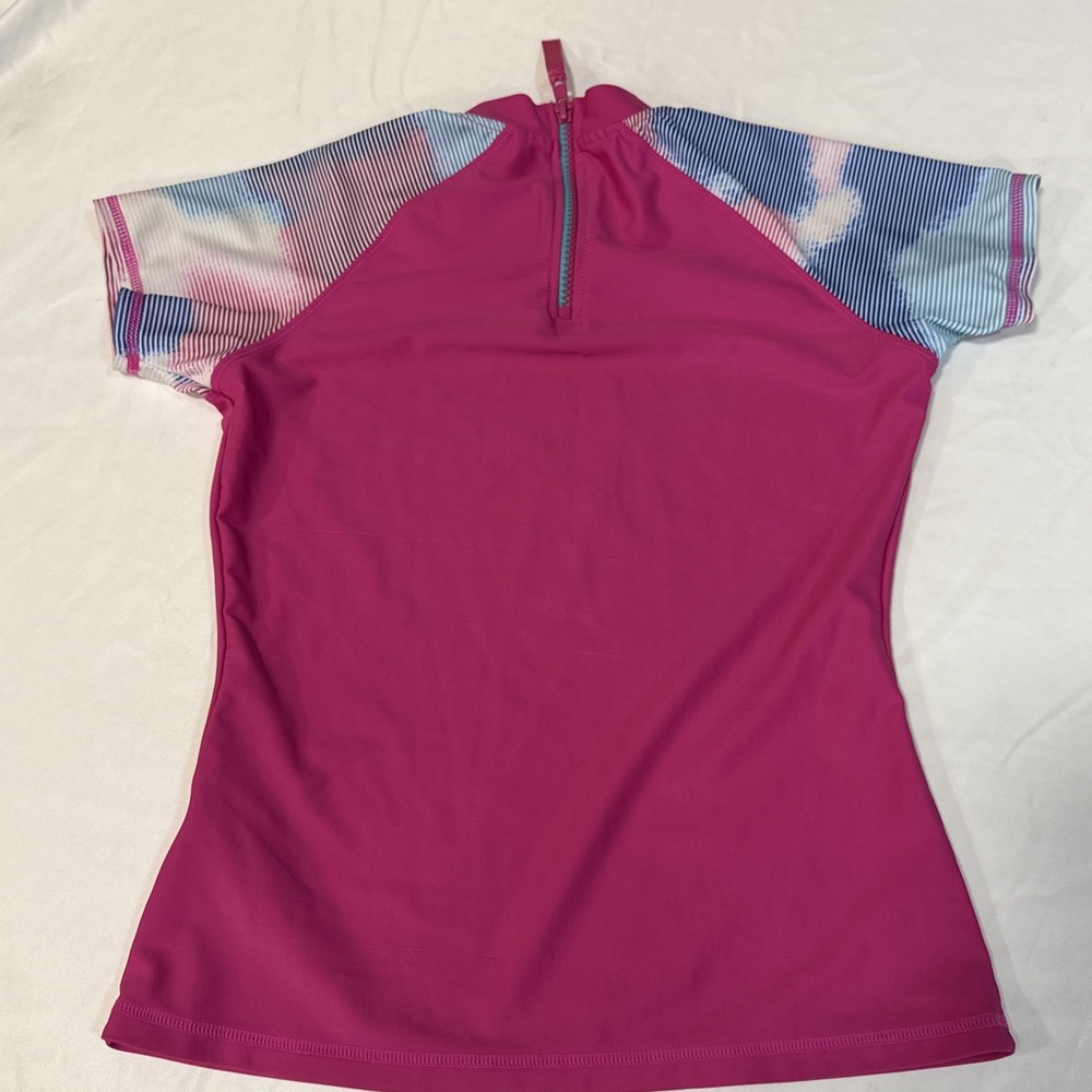 Eddie Bauer Youth Girls Medium Swim Shirt Short Sleeves Pink Zip Back Swimsuit - Picture 5 of 6